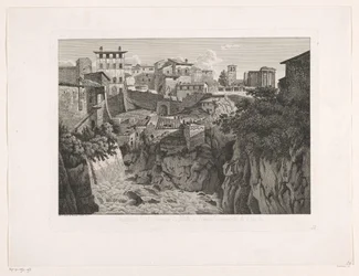 Vista de Tivoli, con el Templo de Vesta a lo lejos Situazione del Tempio di Vesta a Tivoli dirimpetto la Cascata (título sobre el objeto) Malayo Radirte Prospekte aus Italien (título de la serie)