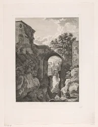 Cascada cerca del puente de San Rocco en Tivoli Cascata, y Ponte di St. Rocco a Tivoli (título sobre objeto) Pintorescos folletos grabados de Italia (título de la serie)