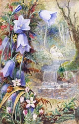 "Paisaje de Arcadia, representada como la tierra de la felicidad. Una mujer está sentada junto a un arroyo, una mariquita descansa sobre una planta. Pintura de Albert Durer Lucas (1828-1918) 1880 Colección particular
