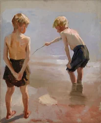 Niños jugando en la orilla, estudio