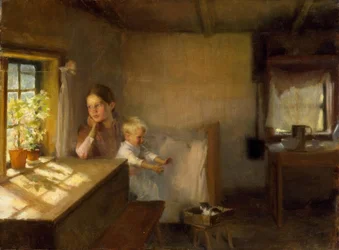 Mujer con niño en interior soleado