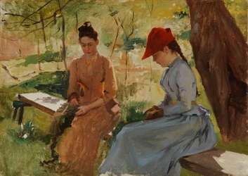 Muchachas haciendo guirnaldas - las hermanas del artista Annie y Berta haciendo guirnaldas, estudio