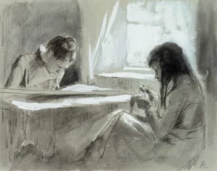 Muchachas cosiendo junto a la ventana