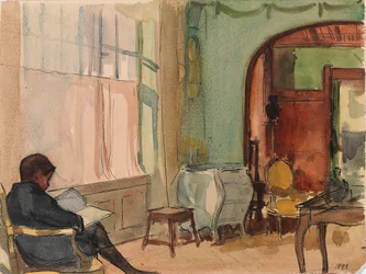 El hijo del artista, Erik Edelfelt, leyendo en casa