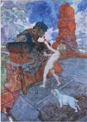 He took up a live coal and put it to Grimes pie, de The Water Babies pub.by Humphrey Milford Oxford University Press, c.1930 (litografía en color)