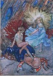 "No, no empujes a ese pobre cangrejo sobre Tom", de The Water Babies pub.by Humphrey Milford Oxford University Press, c.1930 (litografía en color)