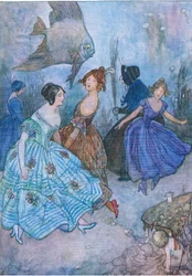 She crammed their poor feet in the most dreadfully tight boots, and made them dance, from The Water Babies pub.by Humphrey Milford Oxford University Press, c.1930 (colour litho)