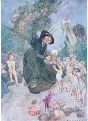 Tom miraba todas estas cosas dulces que se regalaban hasta que se le hacía la boca agua, de The Water Babies pub.by Humphrey Milford Oxford University Press, c.1930 (litografía en color).