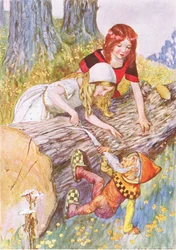 Con mucho cuidado se cortó la suave barba blanca (del cuento Blancanieves y Rosa Roja), ilustración de A Staircase of Stories publicado por Thomas Nelson & Sons Ltd 1940