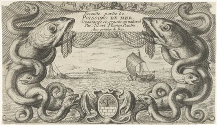 Seascape con borde de criaturas marinas y una red de pesca. Peces y otras criaturas marinas: segunda serie de agua salada (título de la serie) Poissons de mer (título de la serie sobre el objeto)
