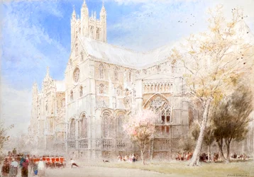 Catedral de Canterbury. Un desfile de soldados (acuarela con tinta)