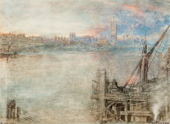 Westminster con las Casas del Parlamento al atardecer (pluma y tinta negra y acuarela con rayado sobre papel)