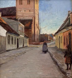 Calle en Køge con la iglesia de Nicolai a la izquierda