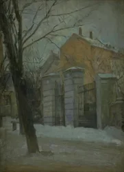 La puerta del cementerio de Assistens en Copenhague. Invierno