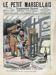 Un pintor en un ático pintando naturalezas muertas, la botella de vino y el pastel usados como modelo no se quedan quietos. Ilustración de Albert Guillaume (1873-1942) de “Le petit Marseillais” 04/05/1902