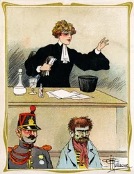 Una abogada con un rostro hermoso, aboga y defiende a su cliente con paciencia. Publicidad, grabado 1902-1903