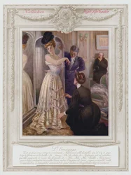 Belle Époque París, dama de moda probándose un vestido (litografía en color)