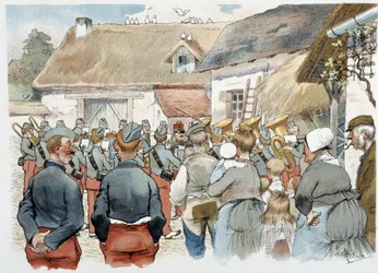 Banda militar en un pueblo en "Album militaire" por Albert Guillaume (1873-1942), circa 1900