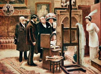 un pintor mostrando su cuadro, c. 1920 (grabado)