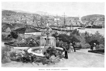 Hobart desde los Jardines de McGregor, Tasmania, Australia, 1886