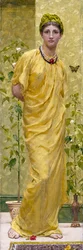 Rapsodia en amarillo con mariposa. Joven mujer drapeada de amarillo. Pintura de Albert Joseph Moore (1841-1893), prerrafaelita. Colección privada