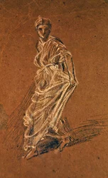Estudio de una niña dando un paso adelante y vistiendo un vestido largo, c.1870