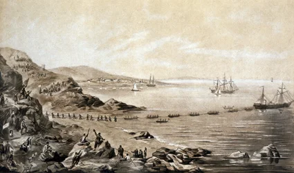 Instalación del primer cable telegráfico transatlántico entre Irlanda y Canadá (1857) grabado por Albert Kruger c.1870