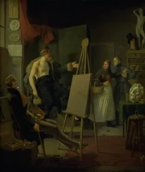 Una chica vendiendo frutas en el estudio de un artista