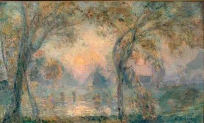 Amanecer sobre el estanque, mañana de otoño en Hondouville