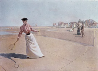 Partido de tenis amateur en la playa - dibujo, siglo XX