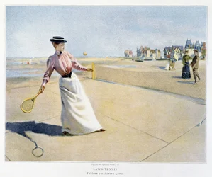 Parte de un partido de tenis sobre hierba en una playa (¿Normandía?), ilustrado por Albert Lynch