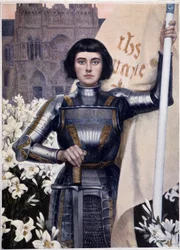 Retrato de Juana de Arco con bandera y lirios en el fondo de la Catedral de Notre Dame por Albert Lynch
