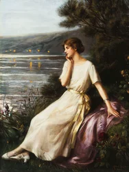 Retrato de una mujer junto a un lago