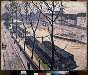 "París en invierno, quai Bourbon" (París en invierno. Quai Bourbon) Peniches en los muelles del Sena. Pintura de Pierre Albert Marquet (1875-1947) 1907 Óleo sobre lienzo. Fauvismo. Moscú. Museo Pushkin de Bellas Artes