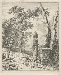 Paisaje con figuras en reposo en un monumento funerario Paisajes (título de la serie)