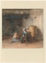 Dos niños en un interior campesino