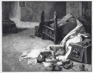 Muerte de Guillermo el Conquistador (Guillermo I de Inglaterra) - Primer rey normando de Inglaterra. 1028-1087 Muerte de Guillermo I el Conquistador - grabado después de la pintura de Albert Maignan