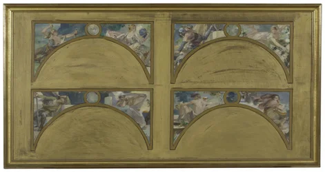 Boceto para el Salón de las Letras del Ayuntamiento de París: las grandes obras literarias (La Chanson de Roland, Le Misanthrope, Eviradnus, Mimi Pinson, Le Cid, Phèdre, Pantagruel, La Cigale), hacia 1890 (óleo sobre tinta negra sobre lienzo).