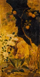 Panel para una pantalla: Niños jugando con un conejo, ca. 1876