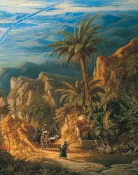 Vista del Canal de Suez, Detalle: Caravanas y palmeras (óleo sobre lienzo)