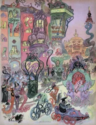 Avance del estilo moderno parisino del diseñador Albert Robida. En este bello dibujo vemos la influencia de Robida en los creadores de bandas dibujadas de los años 1960-1980, en particular Fred (Othon Aristides, "Aventuras de Filemón") y Forest (Barbarella