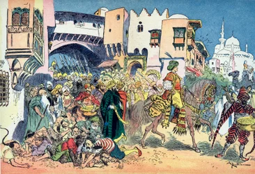 Aladino cabalgando por las calles de la ciudad y arrojando dinero a su alrededor Ilustración de Albert Robida (1848-1926) para el cuento "Aladino y la lámpara maravillosa" en "les mille et une nuits" (Ilustración para el cuento "Aladino" en "El libro de un