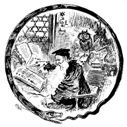 Alquimista consultando sus grimorios (fórmulas mágicas - cabalísticas) bajo la mirada de un búho y un demonio - el marco de la imagen está formado por una serpiente que se muerde la cola - letra capitular que forma la letra O - ilustración de Albert