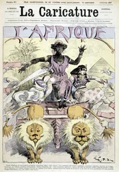 Caricatura sobre el colonialismo en África “Gran desembalaje de novedades coloniales africanas, ¡hagan su elección! Todo un continente para compartir, grandes ocasiones, trozos de Congo, piezas de Guinea” por Robida - en “La Caricature” del 05/02/1887