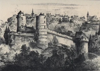 Château de Fougères - castillo fortificado en el departamento de Ille-et-Vilaine. Vieja Francia - Bretaña - texto, dibujos y litografías, por Albert Robida (1848-1926) sin fecha finales del siglo XIX