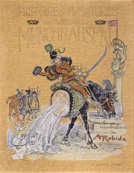 Portada de "Historias y Aventuras del Barón de Munchausen" ilustrado por A. Robida (1848 - 1926).