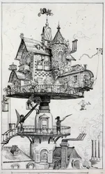 El dibujo muestra una estructura de vivienda elevada sobre los tejados y diseñada para girar y ajustarse en varias direcciones, dibujo de Albert Robida c. 1883