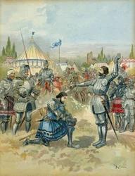 Quinta Guerra Italiana (1515-1516): Pierre Terrail de Bayard (1476-1524) arma a Francisco I (1494-1547) caballero después de la batalla de Marignano (Italia), en la noche del 14 de septiembre de 1515