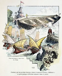 Gulliver y su barco gigantesco en el puerto de los liliputienses - en “Viajes de Gulliver” de Jonathan Swift (1721), ill. por Robida