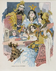 Gulliver en la corte de Brobdignac - en Gulliver Voyages por Swift, ilustrado por Robida